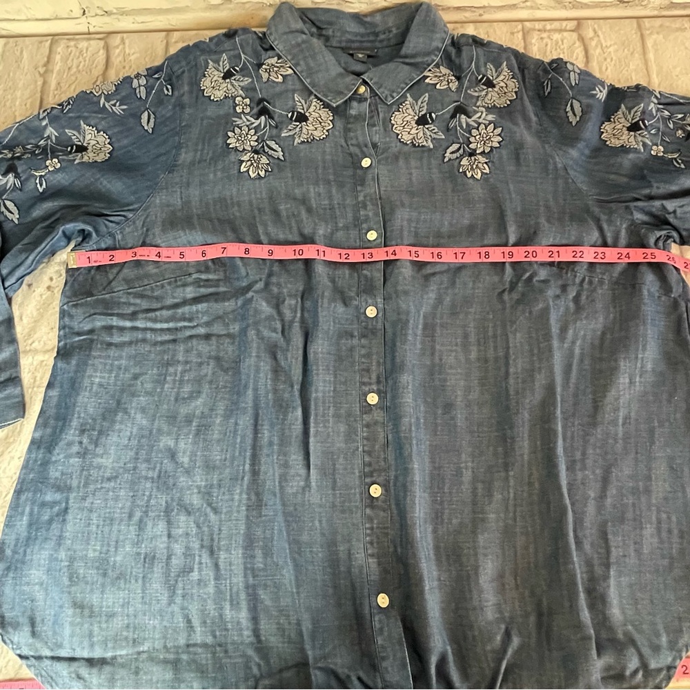 Blue Floral Embroidered Button-Up Shirt, 3X - Picture 11 of 15